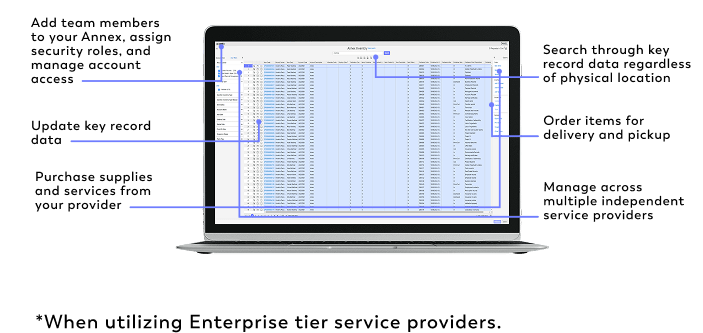 Digital records management dashboard on laptop showing indexed inventory for streamlined archival control.