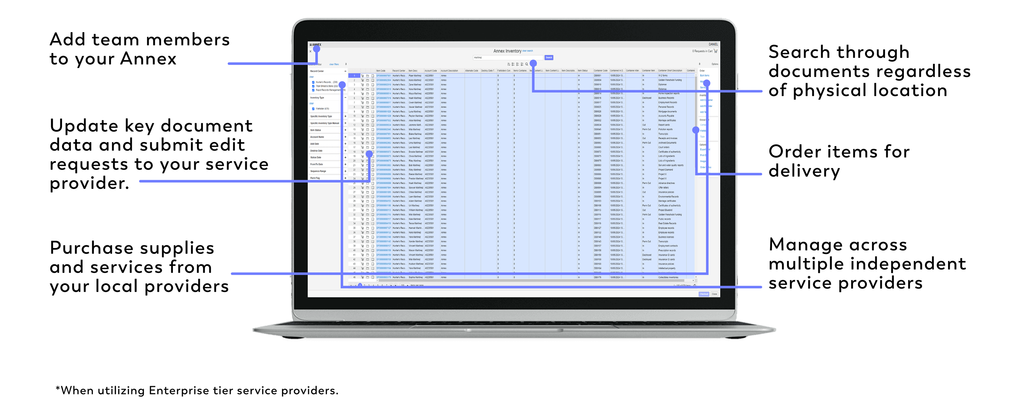 Digital records management dashboard on laptop showing indexed inventory for streamlined archival control.