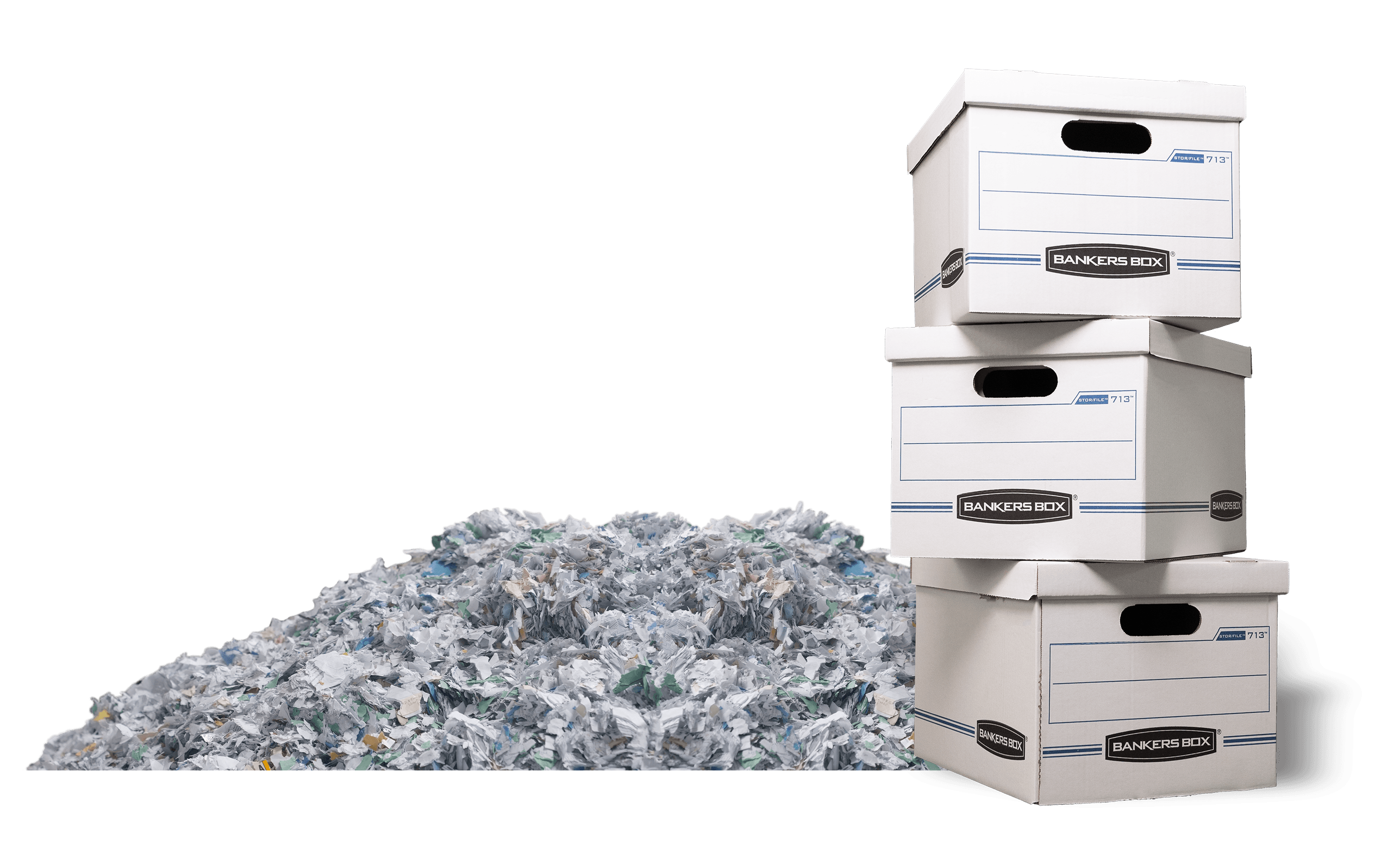 Bankers boxes with shredded paper for secure document disposal.