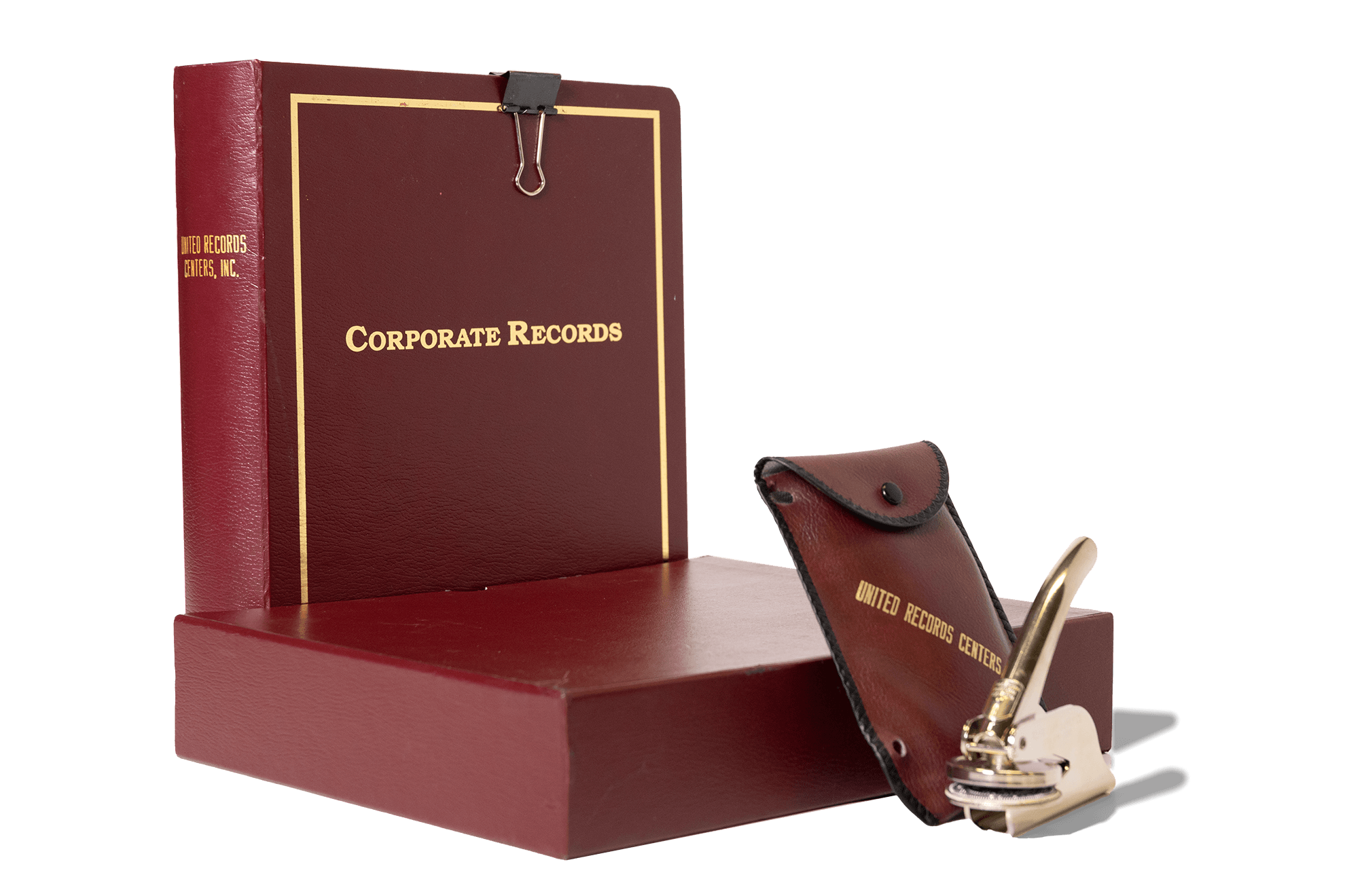 A folder of corporate records near an official wax seal device for United Records Center. 
