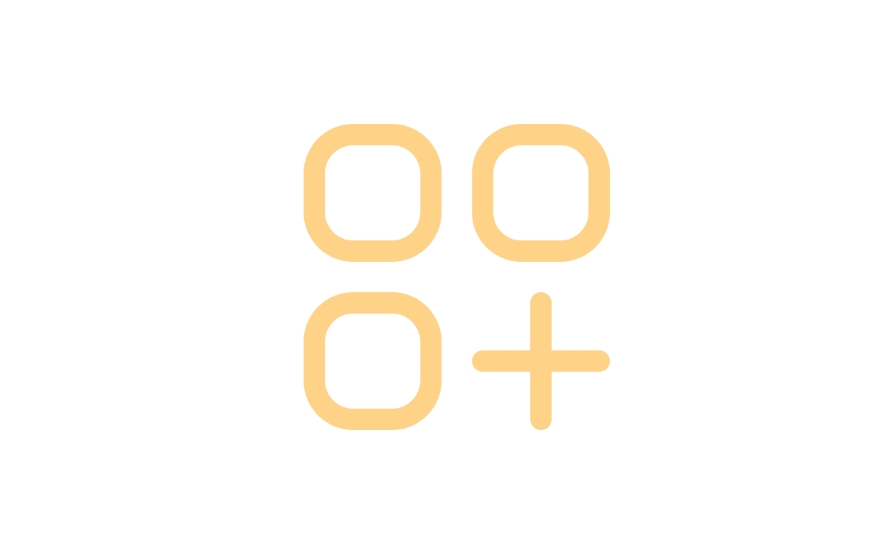 A minimalistic yellow icon representing four rounded squares, with one square at the bottom right featuring a plus sign, symbolizing adding or expanding options.